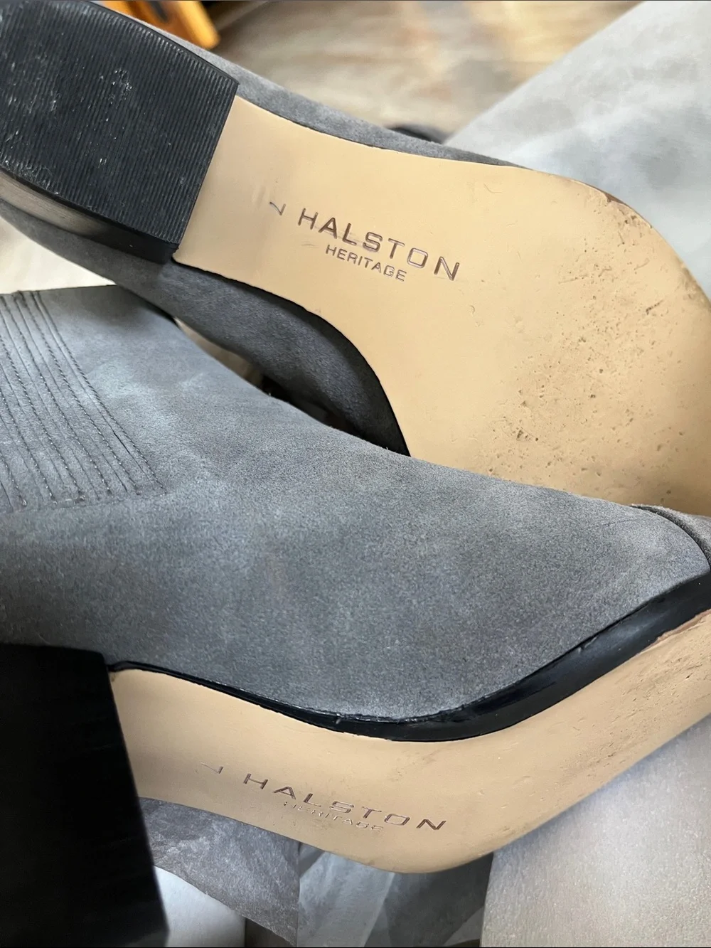 Halston Heritage Gray Suede Pointed Toe Ankle Booties with Silver Metal Cap 7M